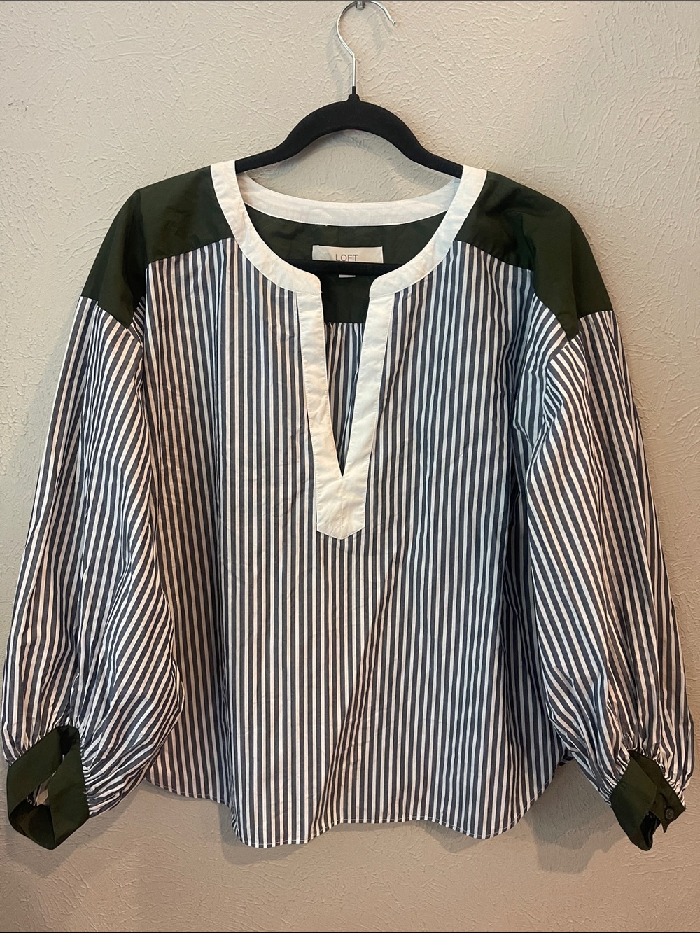 LOFT Grey Stripe Split-Neck top with Olive Yoke. Women’s size large.